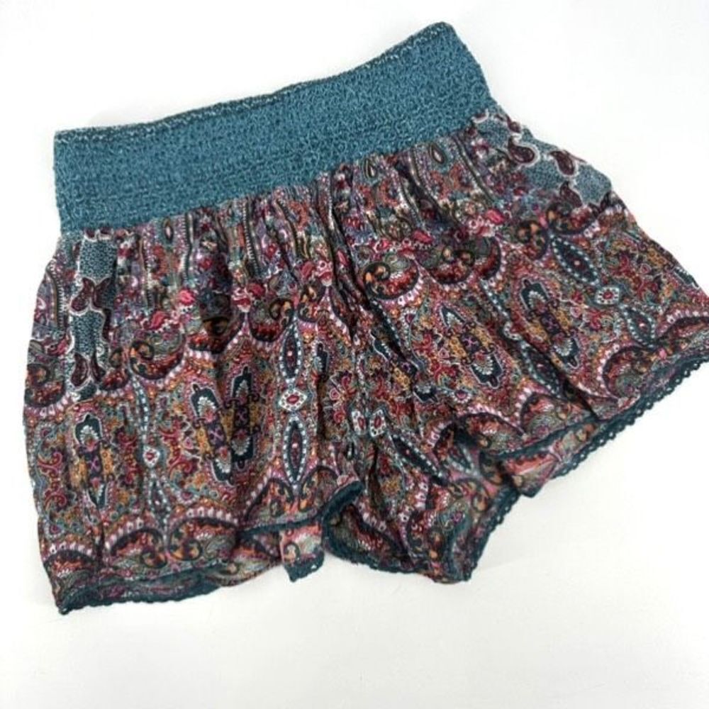 Aqua hi rise‎ bohemian print elastic waist boho Gypsy shorts teal small